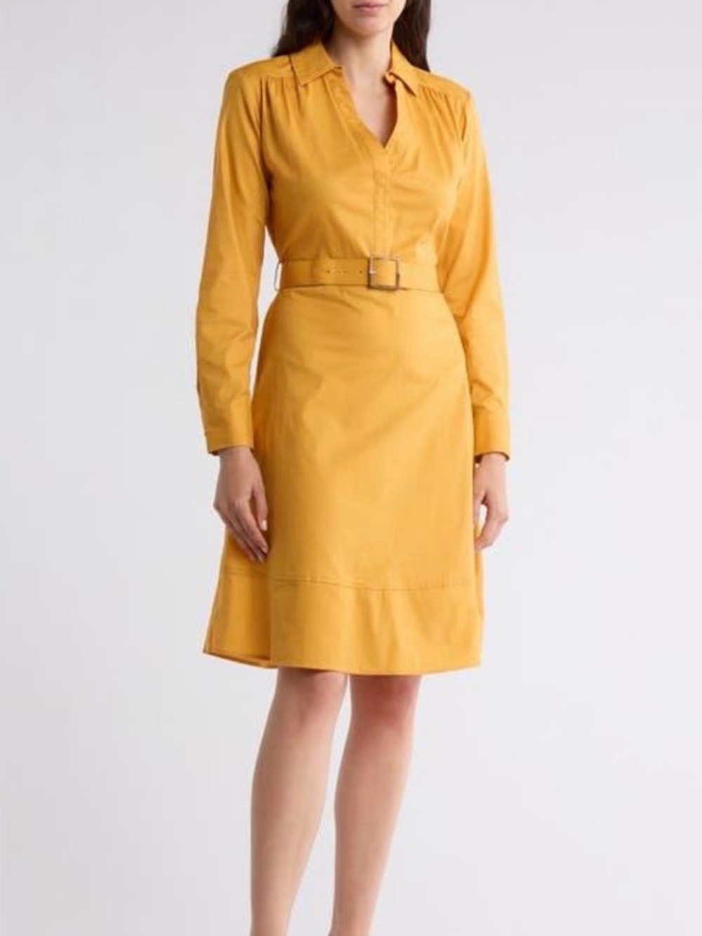 Calvin Klein Tailored Belted Shirt Dress in Mustard Yellow